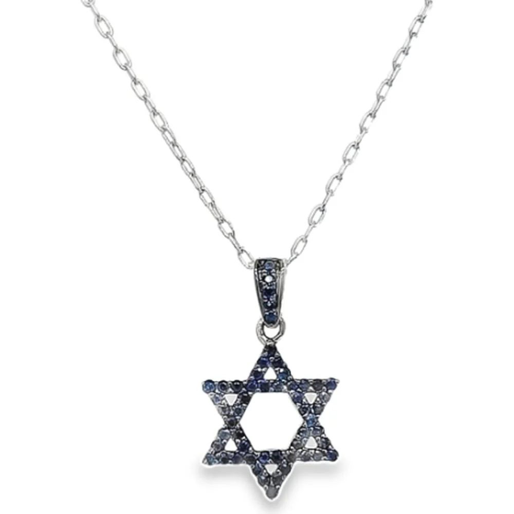 18K White Gold Star of David Pendant Necklace with Blue Sapphires by Afarin