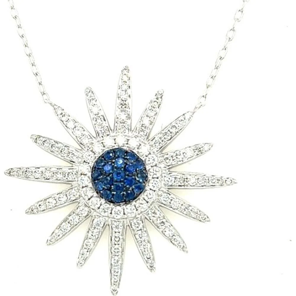 18K White Gold Starburst Necklace with Round Blue Sapphire Center and Diamond Accents by Afarin
