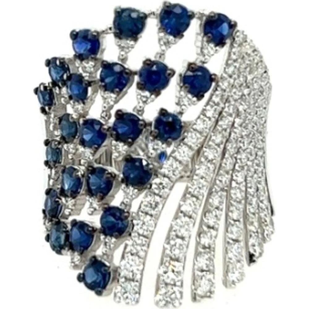 18K White Gold Statement Ring with Heart-Shaped Blue Sapphires and Pavé Diamonds by Afarin