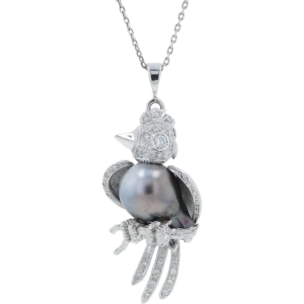 18K White Gold Tahitian Pearl Parrot Pendant with 0.30 Carat Total Diamond Accents - 16" Chain