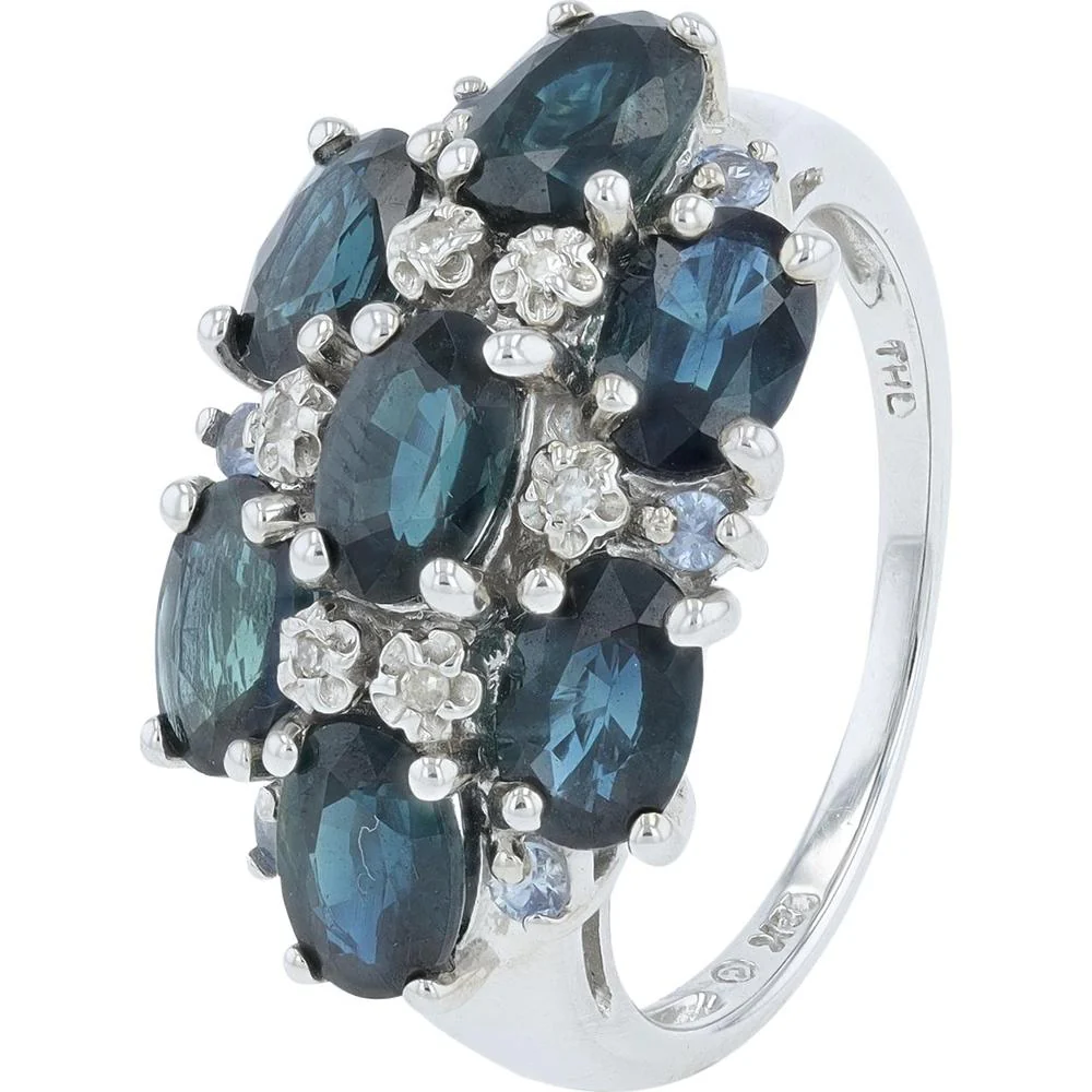 18K White Gold Tanzanite & Sapphire Cluster Ring with Diamond Accents - 3.00 Carat Total Gem Weight