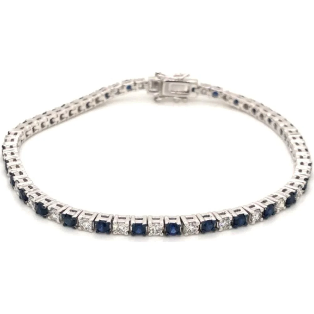 18K White Gold Tennis Bracelet with Alternating Blue Sapphires and Round Diamonds by Afarin
