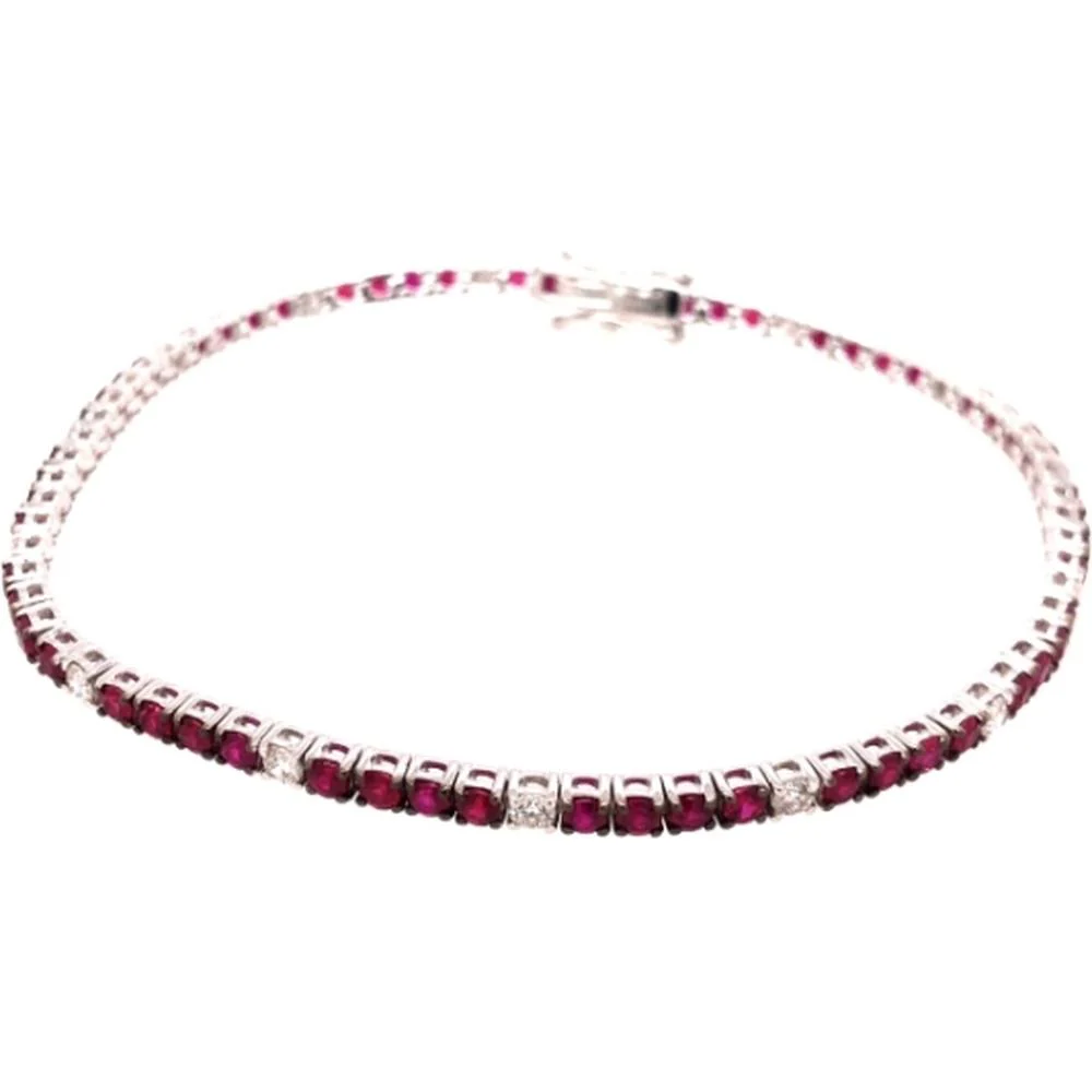 18K White Gold Tennis Bracelet with Alternating Round Rubies and Diamond Accents by Afarin