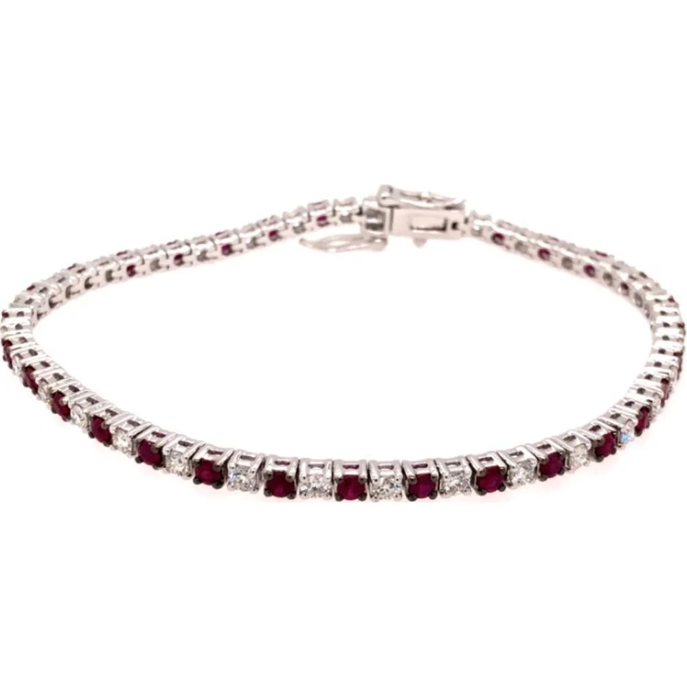 18K White Gold Tennis Bracelet with Alternating Round Rubies and Diamonds by Afarin