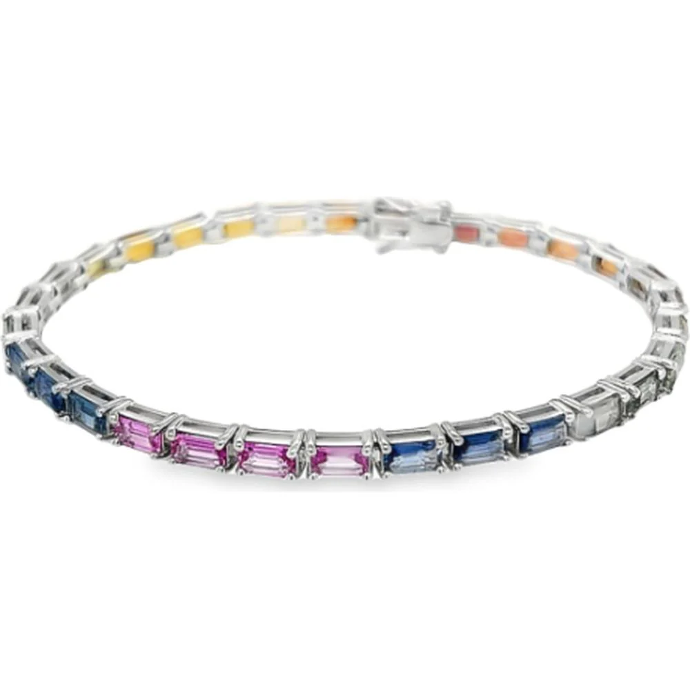 18K White Gold Tennis Bracelet with Baguette-Cut Multi Sapphires by Afarin