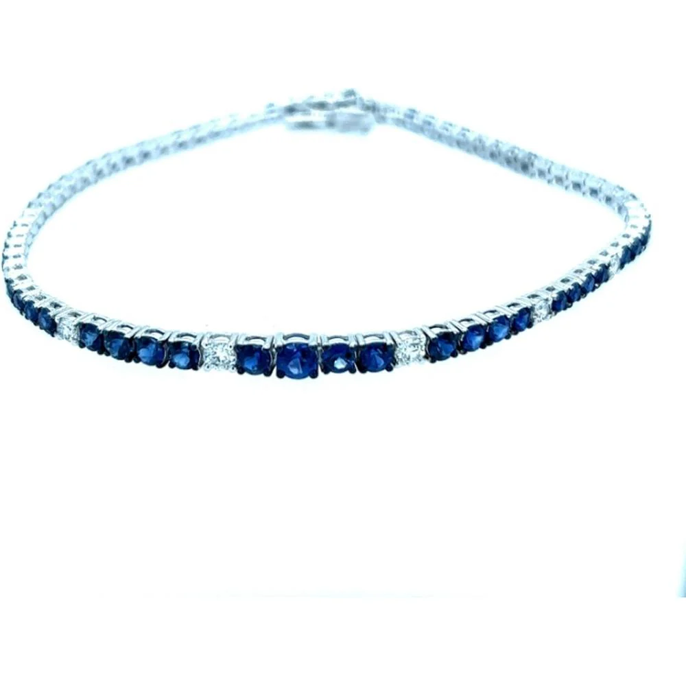 18K White Gold Tennis Bracelet with Blue Sapphires and Diamond Accents by Afarin