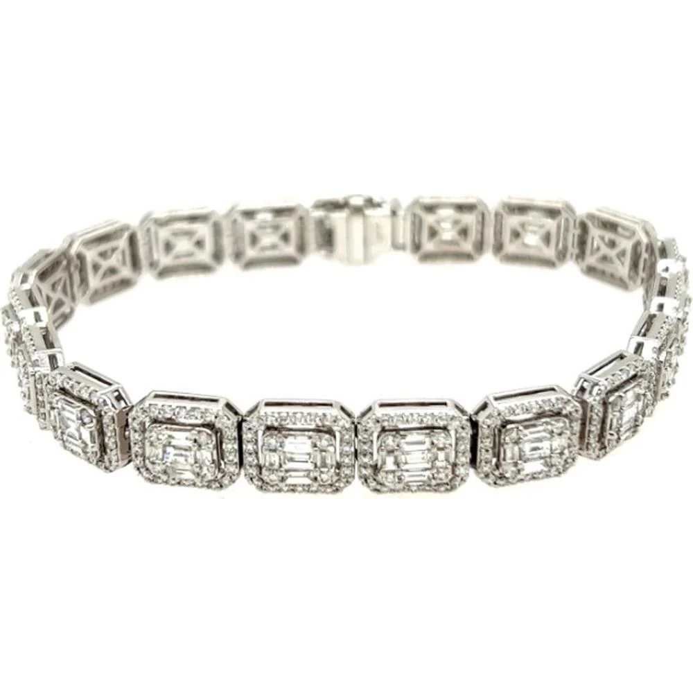 18K White Gold Tennis Bracelet with Emerald-Cut and Halo Diamonds by Afarin