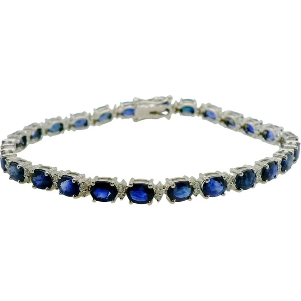 18K White Gold Tennis Bracelet with Oval Blue Sapphires and Diamond Accents by Afarin