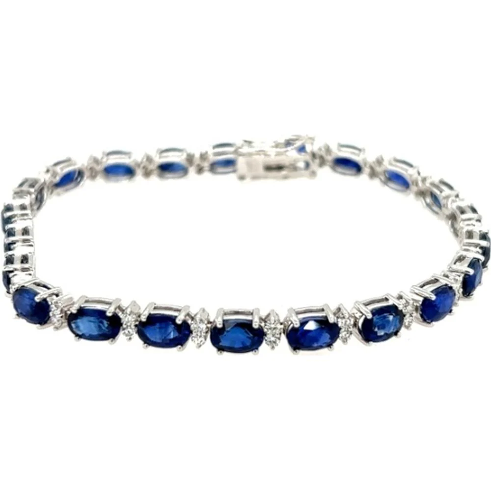 18K White Gold Tennis Bracelet with Oval Blue Sapphires and Diamond Accents by Afarin