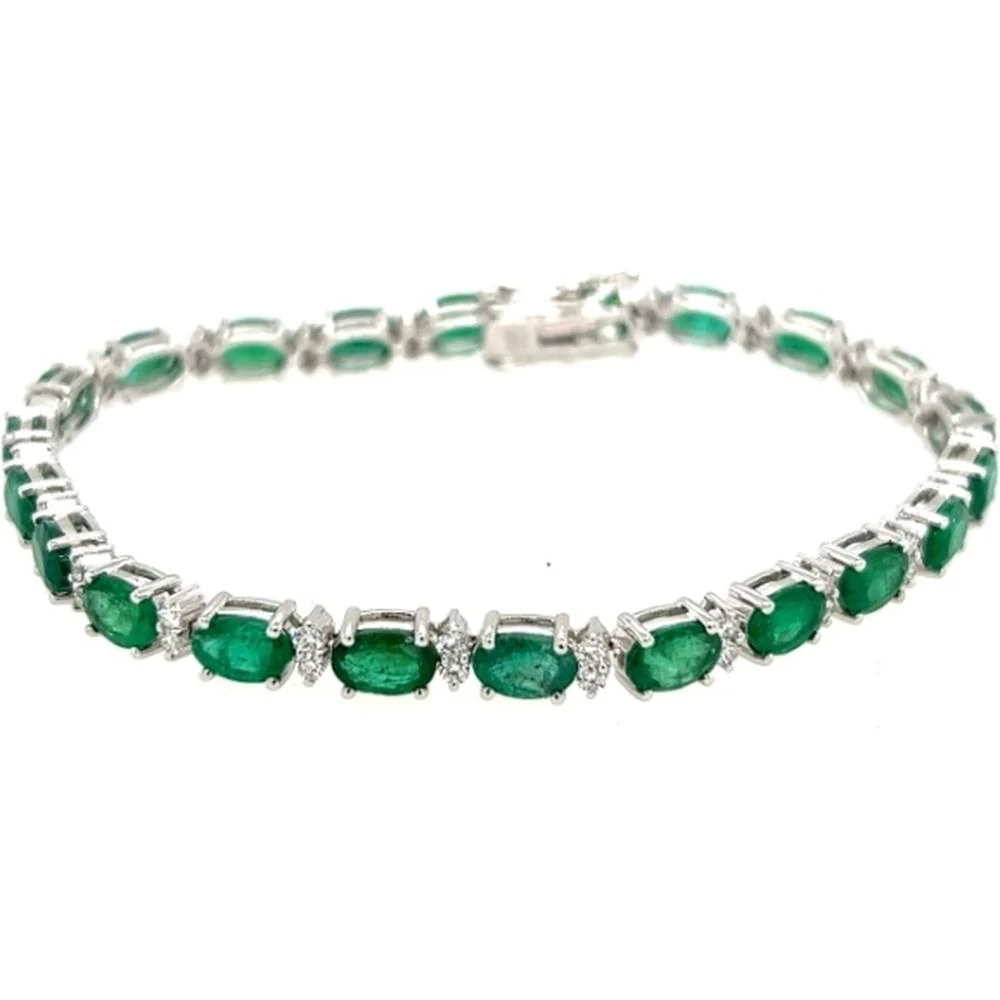 18K White Gold Tennis Bracelet with Oval Emeralds and Diamond Accents by Afarin