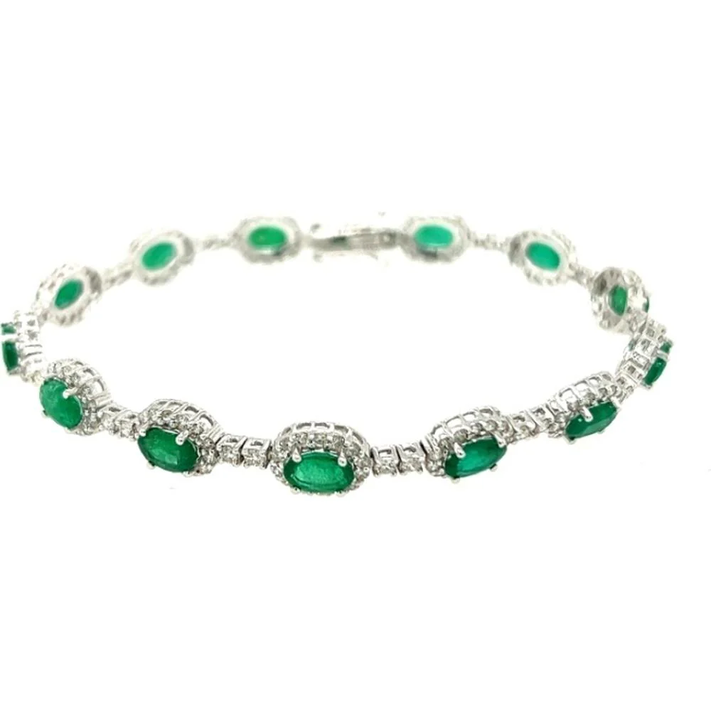 18K White Gold Tennis Bracelet with Oval Emeralds and Diamond Halo Accents by Afarin