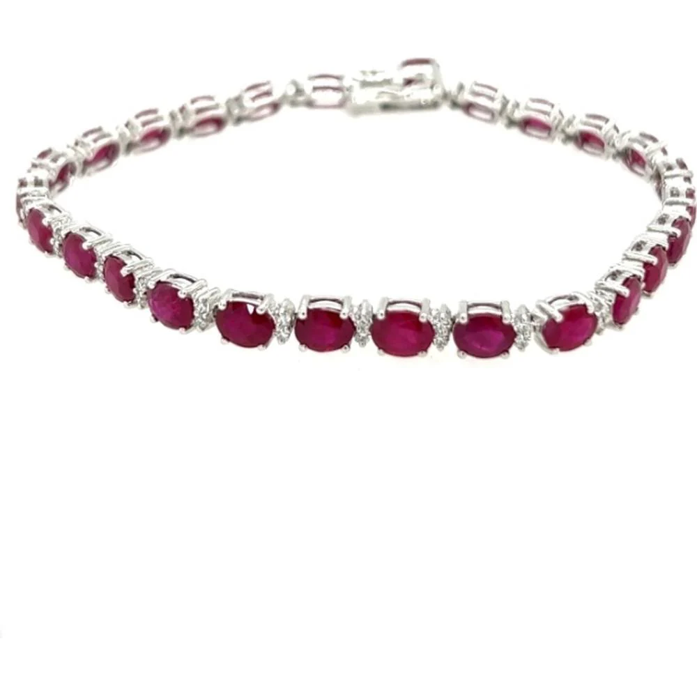 18K White Gold Tennis Bracelet with Oval Rubies and Diamond Accents by Afarin