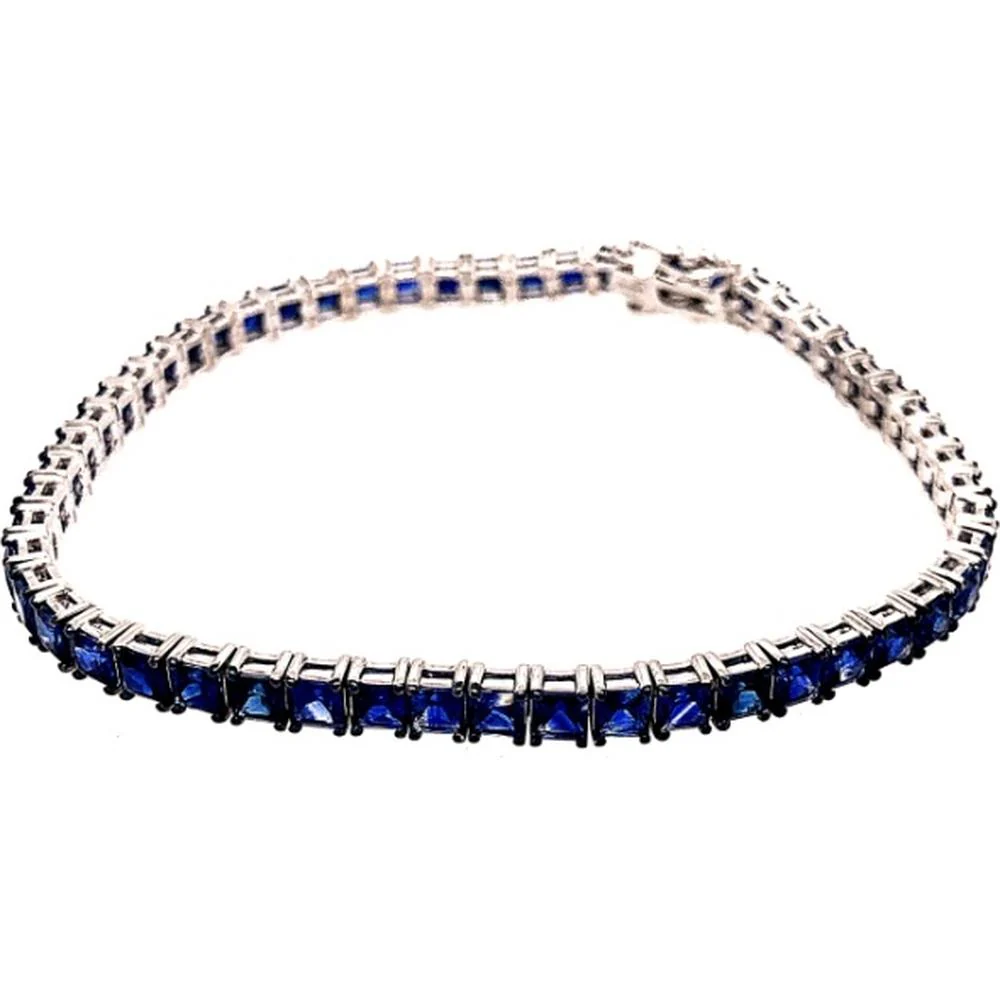 18K White Gold Tennis Bracelet with Princess Cut Blue Sapphires by Afarin