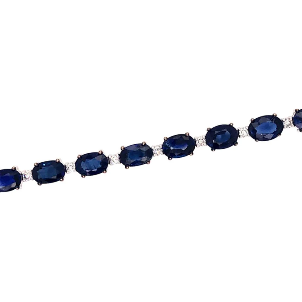 18K White Gold Tennis Bracelet with Prong-Set Oval Blue Sapphires and Diamond Accents by Afarin