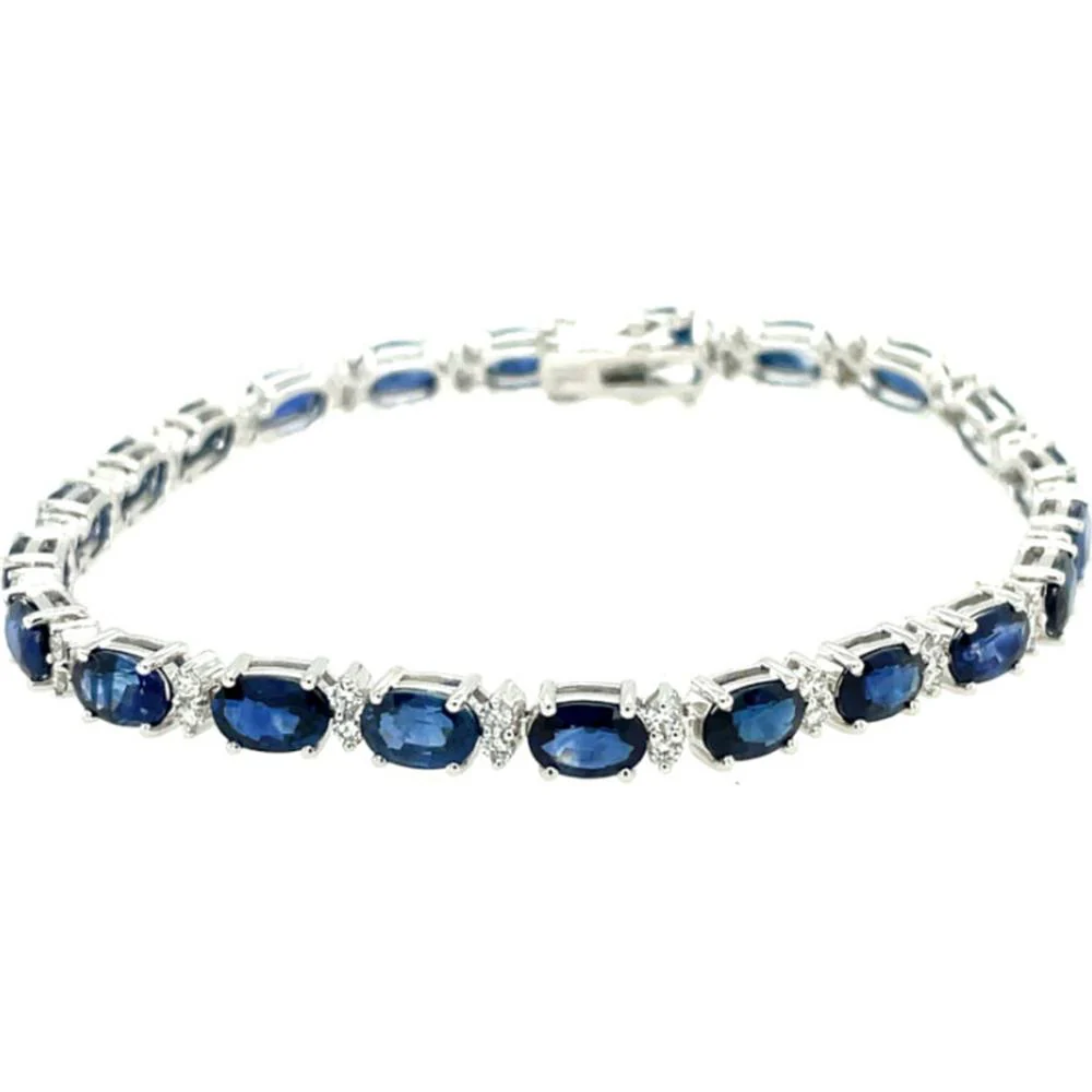 18K White Gold Tennis Bracelet with Prong-Set Oval Blue Sapphires and Diamond Accents by Afarin