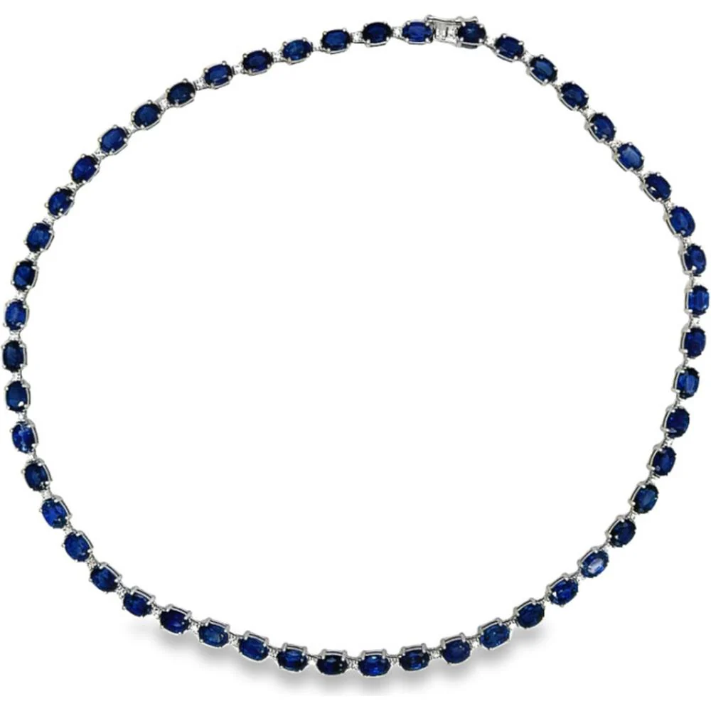 18K White Gold Tennis Necklace with Oval Blue Sapphires and Diamond Accents by Afarin