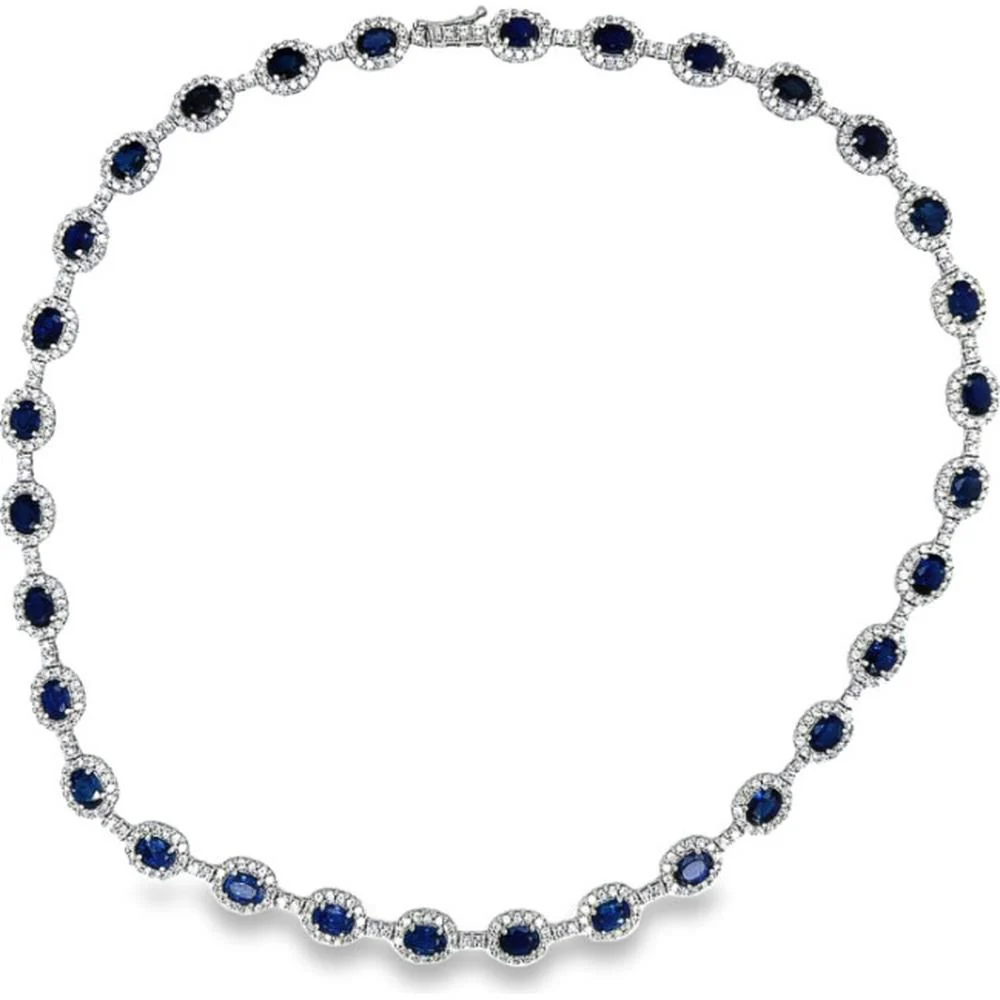 18K White Gold Tennis Necklace with Oval Blue Sapphires and Diamond Halo Links by Afarin