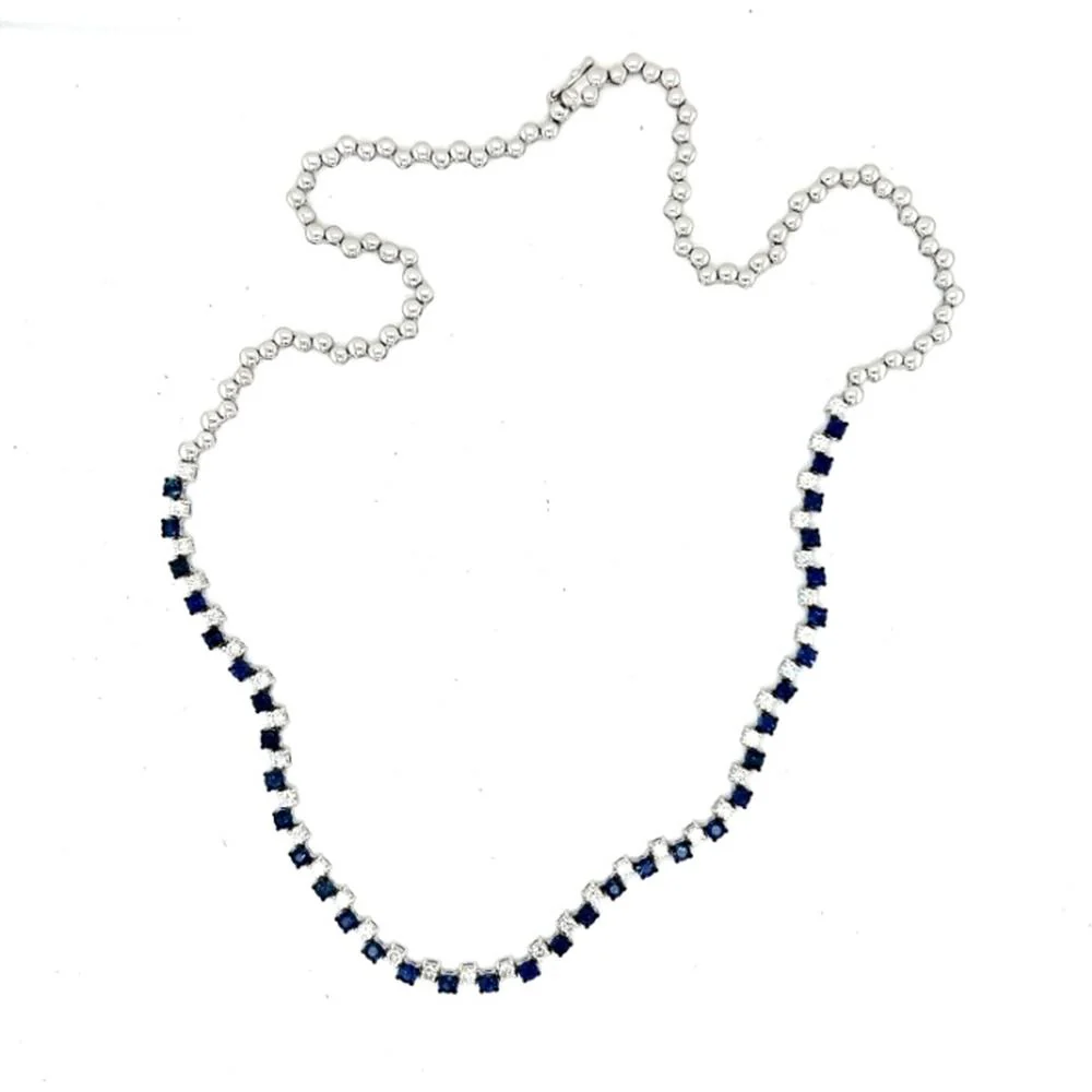 18K White Gold Tennis Necklace with Square Blue Sapphires and Diamond Accents by Afarin