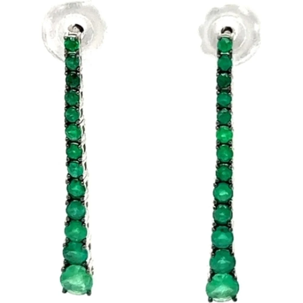 18K White Gold Vertical Drop Earrings with Round Emeralds by Afarin