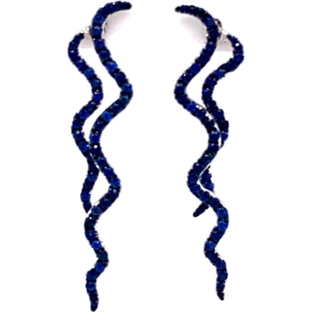 18K White Gold Wavy Drop Earrings with Blue Sapphires by Afarin