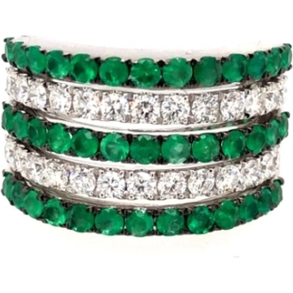 18K White Gold Wide Band Ring with Alternating Round Emeralds and Round Diamonds by Afarin