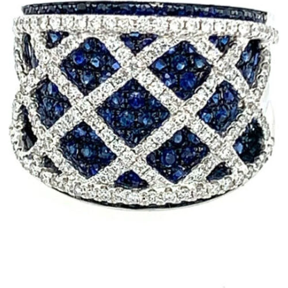 18K White Gold Wide Band Ring with Blue Sapphires and Diamond Lattice Design by Afarin