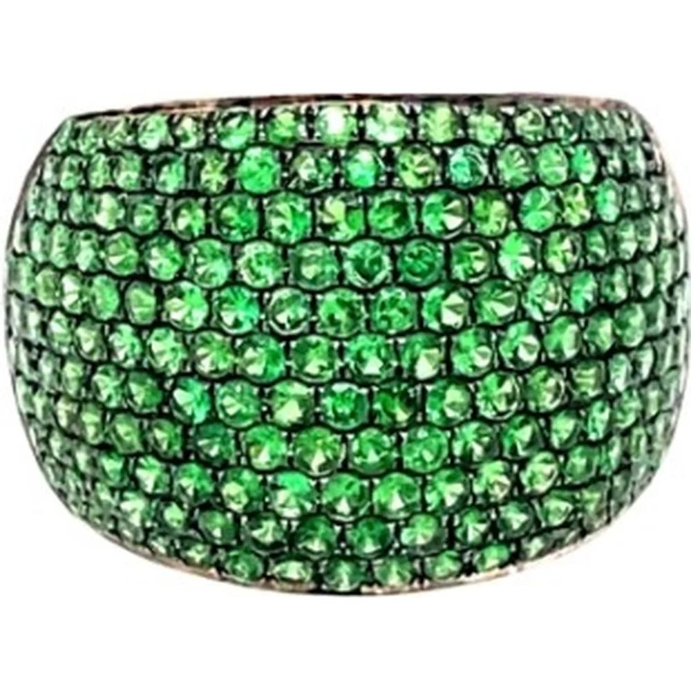 18K White Gold Wide Band Ring with Pavé Set Round Tsavorites by Afarin