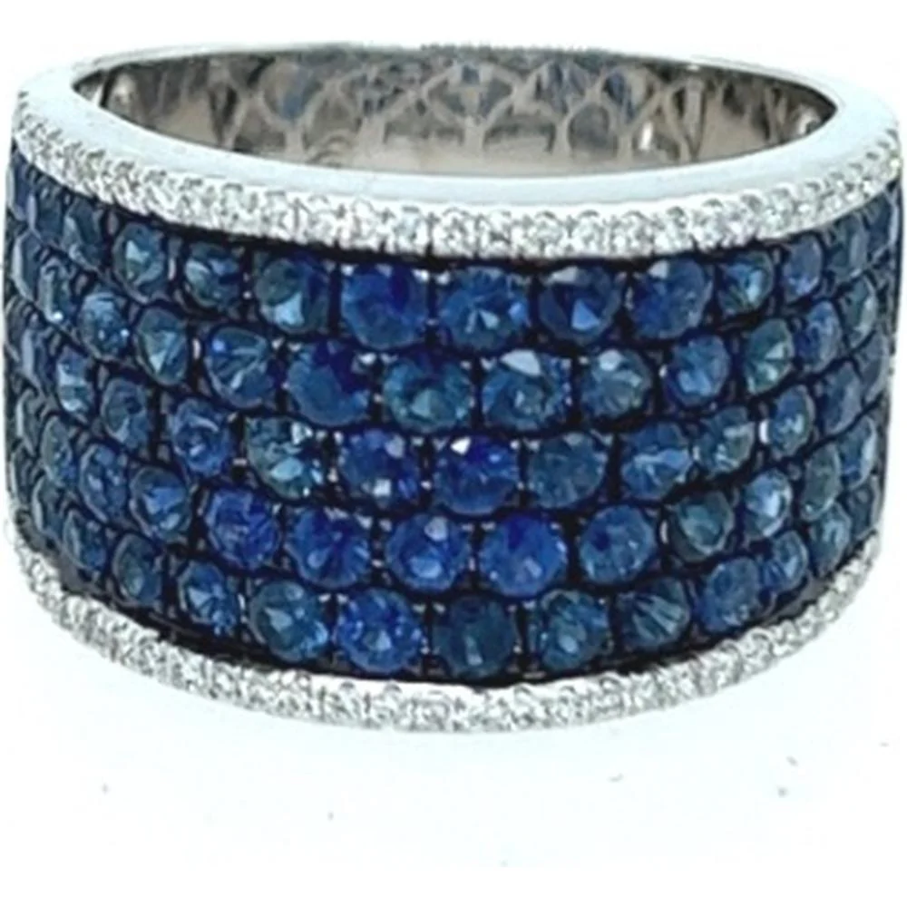 18K White Gold Wide Band Ring with Round Blue Sapphires and Diamond Accent Borders by Afarin