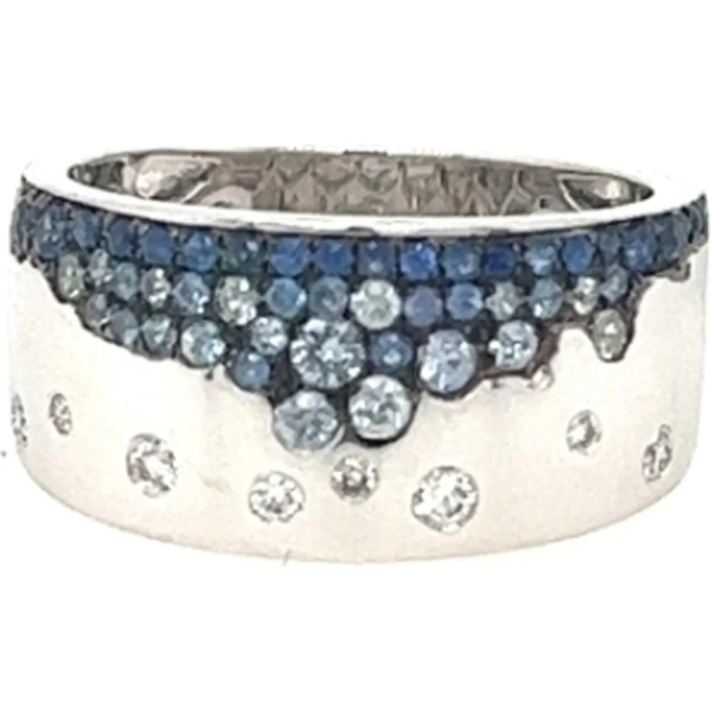 18K White Gold Wide Band Ring with Round Blue Sapphires and Diamond Accents by Afarin