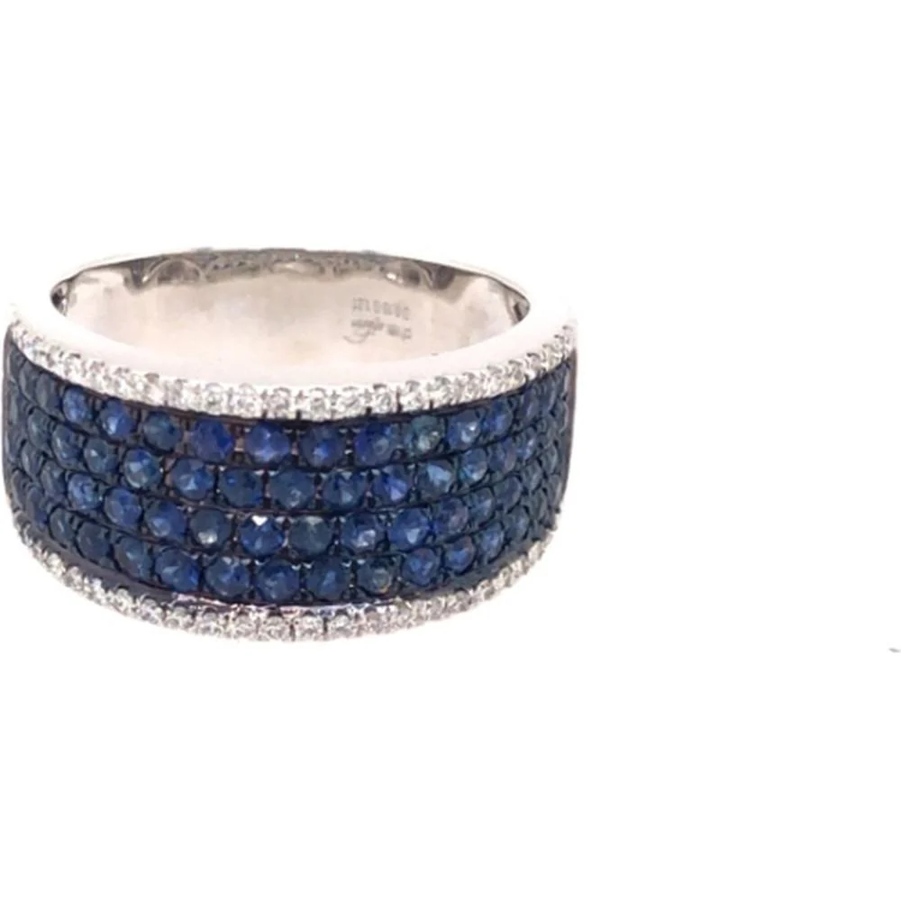 18K White Gold Wide Band Ring with Round Blue Sapphires and Diamond Borders by Afarin