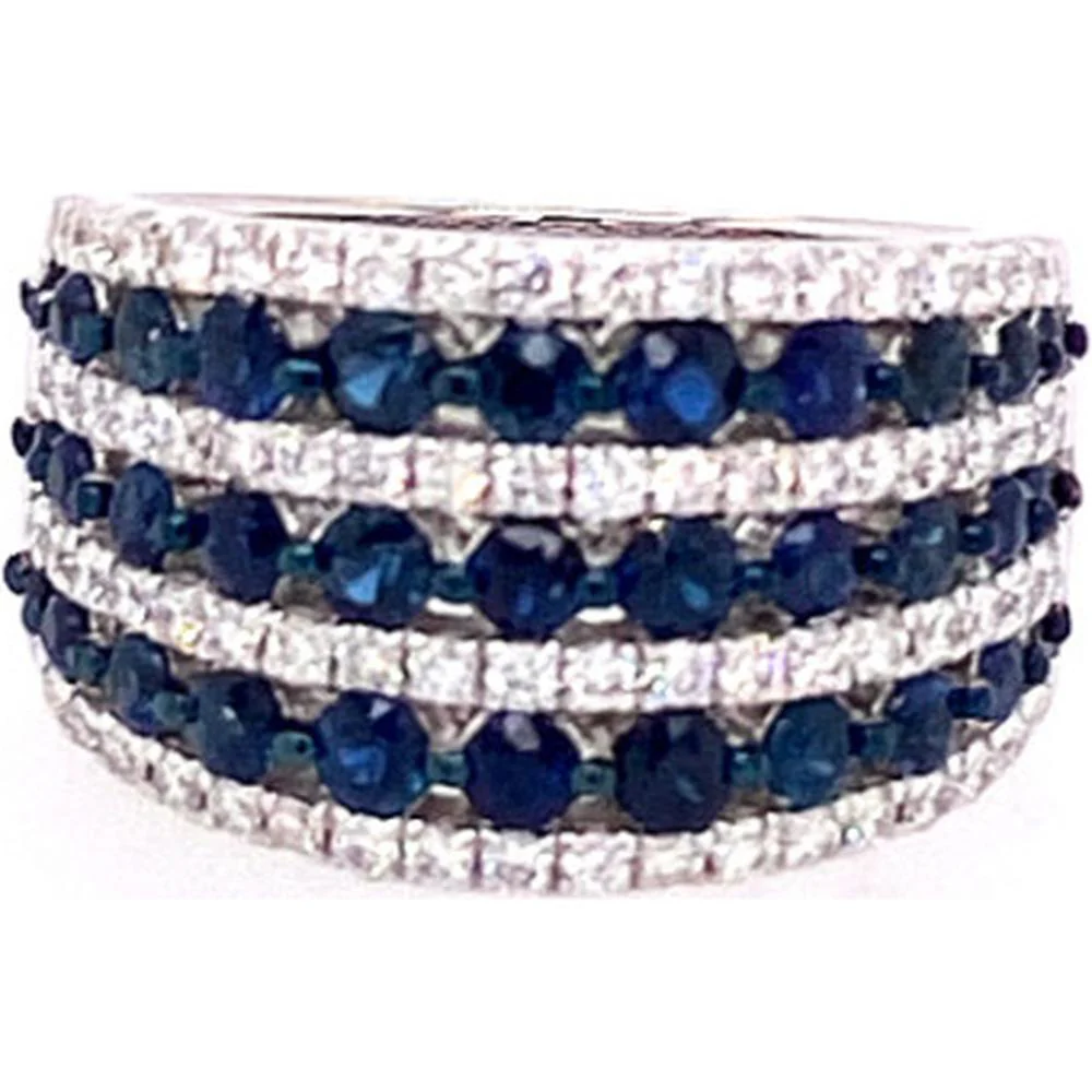 18K White Gold Wide Band Ring with Round Blue Sapphires and Diamond Rows by Afarin