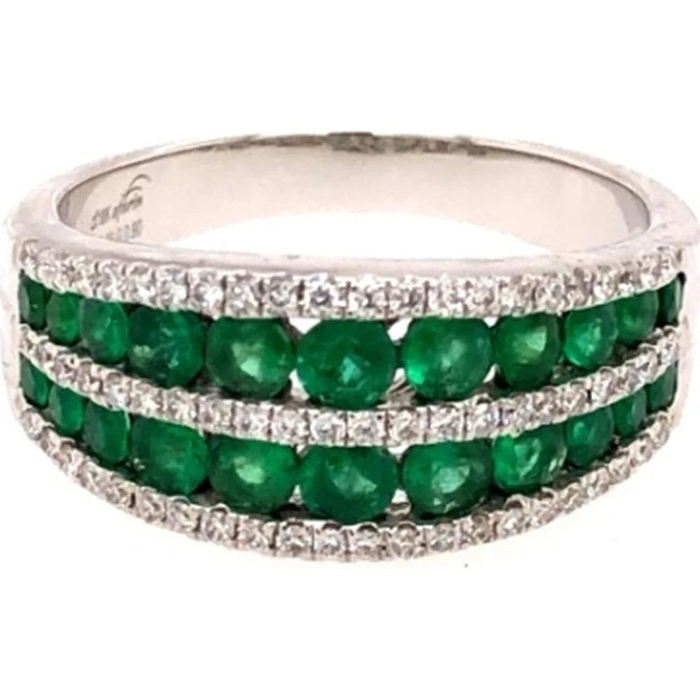 18K White Gold Wide Band Ring with Round Emeralds and Diamond Accents by Afarin