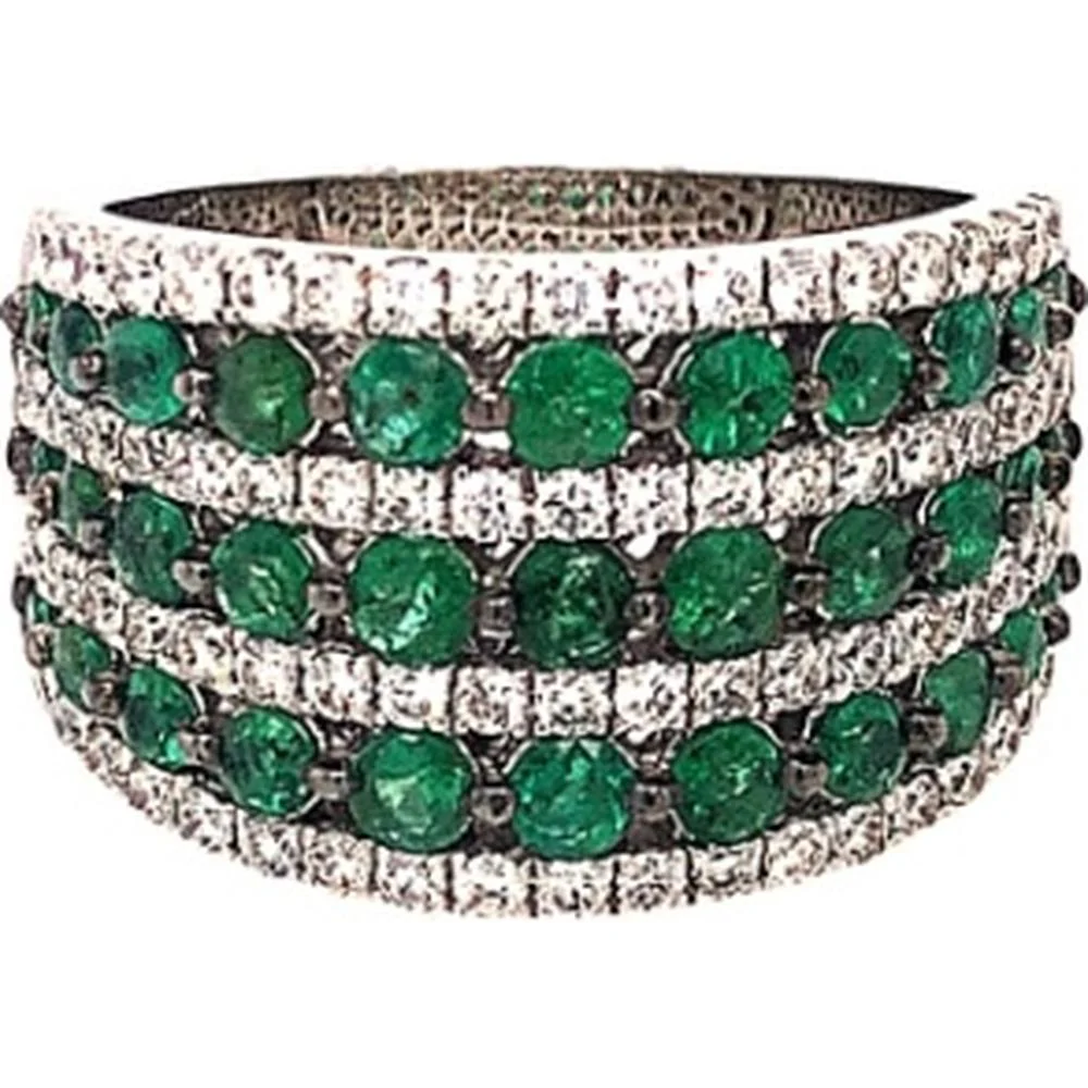 18K White Gold Wide Band Ring with Round Emeralds and Diamond Accents by Afarin