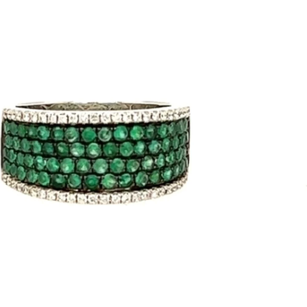 18K White Gold Wide Band Ring with Round Emeralds and Diamond Borders by Afarin