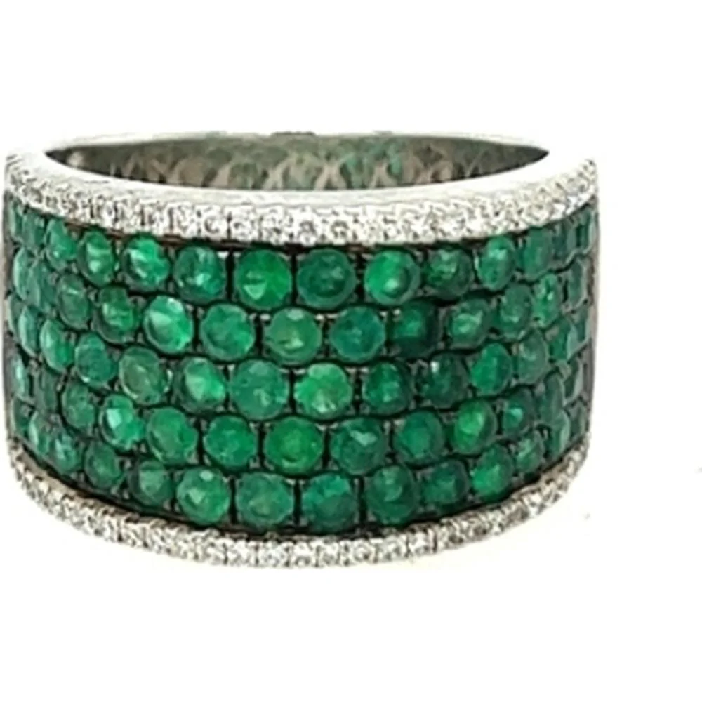 18K White Gold Wide Band Ring with Round Emeralds and Diamond Borders by Afarin