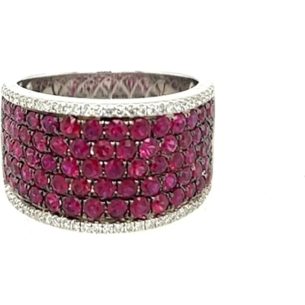 18K White Gold Wide Band Ring with Round Rubies and Diamond Edges by Afarin