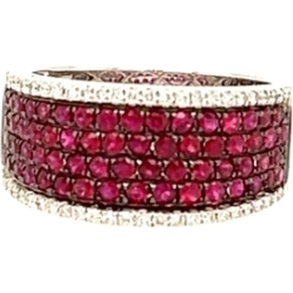 18K White Gold Wide Band Ring with Rows of Rubies and Diamond Accents by Afarin