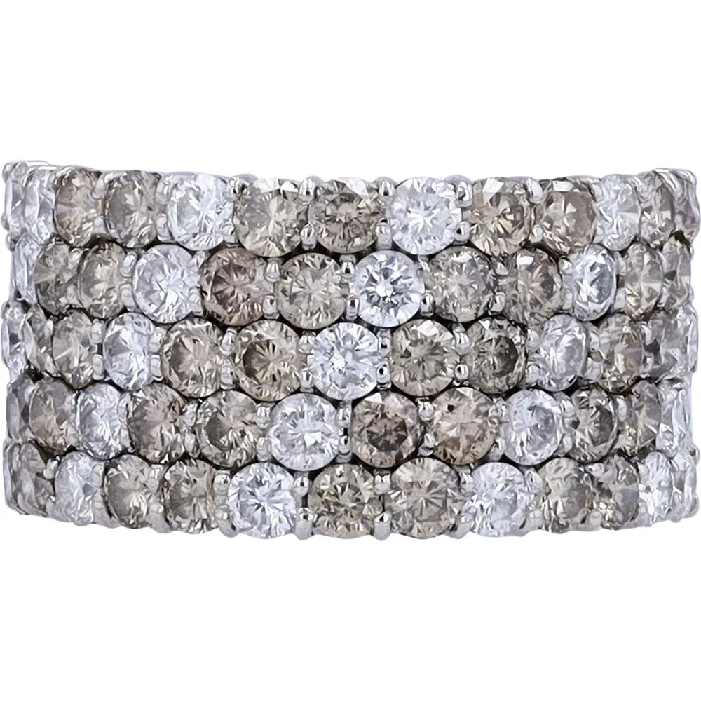 18K White Gold Wide Band with 3.00 Carat Total Round Diamonds - Prong Set Champagne & White Mix