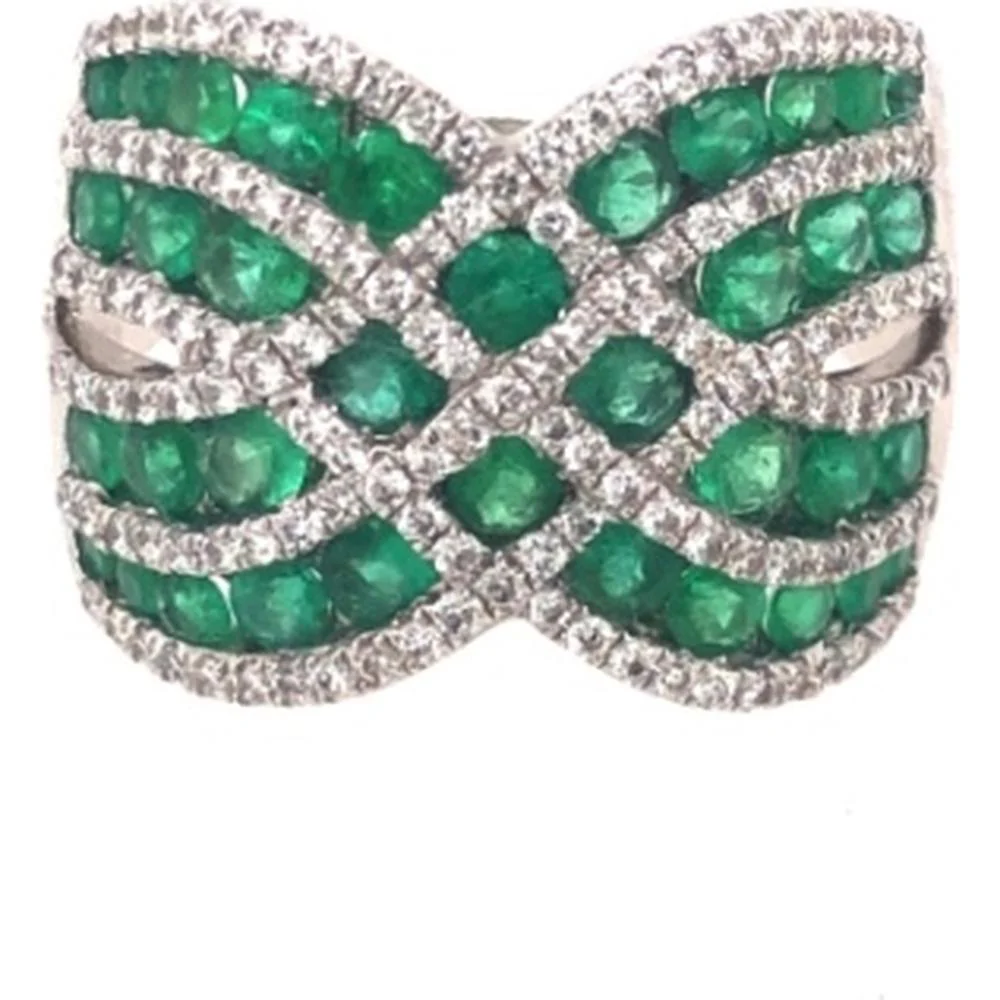 18K White Gold Wide Crisscross Band Ring with Round Emeralds and Diamond Accents by Afarin