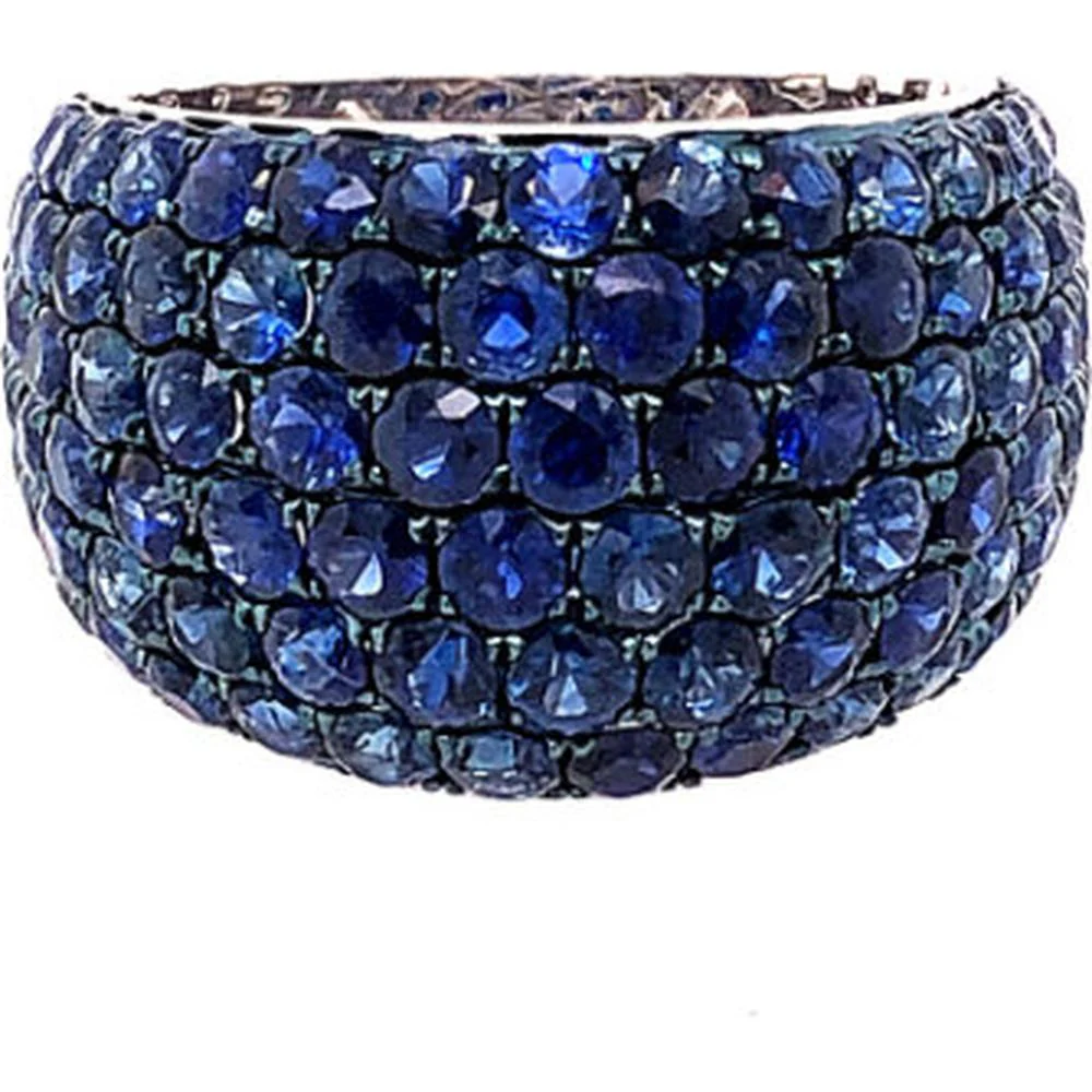 18K White Gold Wide Dome Band Ring with Round Blue Sapphires by Afarin