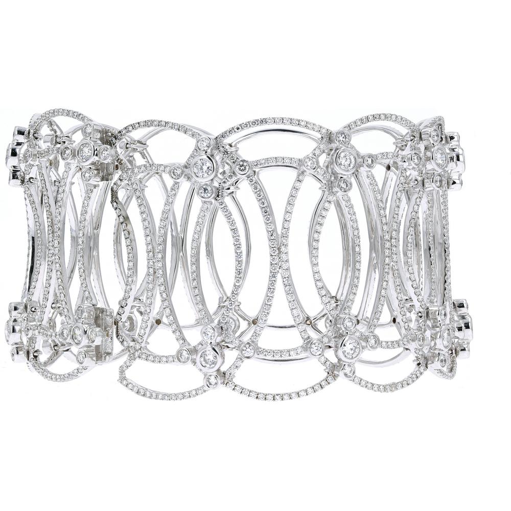 18K White Gold Wide Statement Cuff Bracelet with 11.51 Carat Total Round Diamonds - Image 2