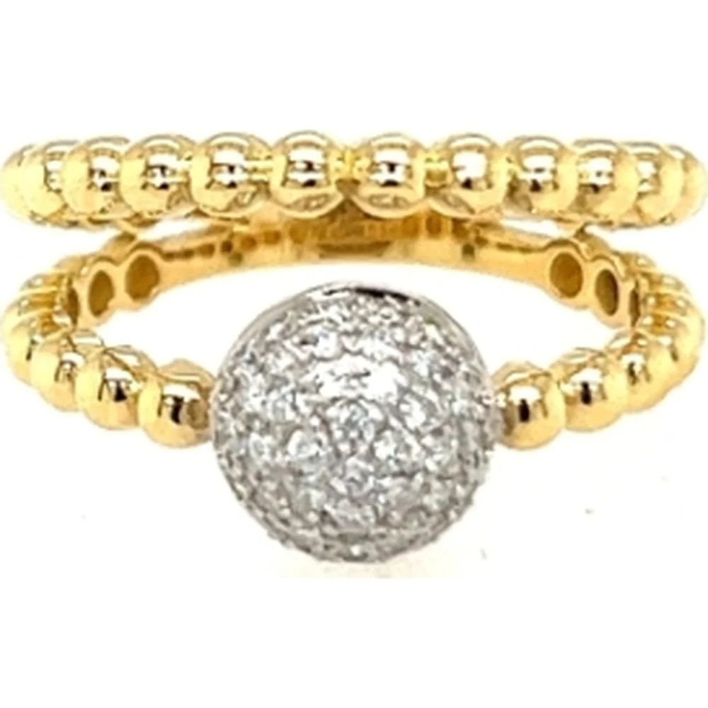 18K Yellow & White Gold Beaded Ring with Pavé Diamond Sphere Center by Afarin