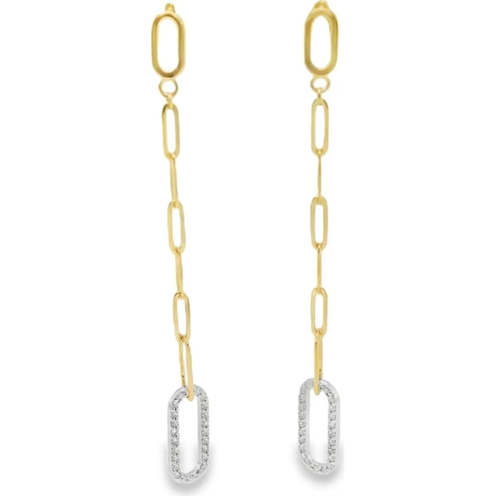 18K Yellow and White Gold Elongated Drop Earrings with Diamond-Set Oval Links by Afarin