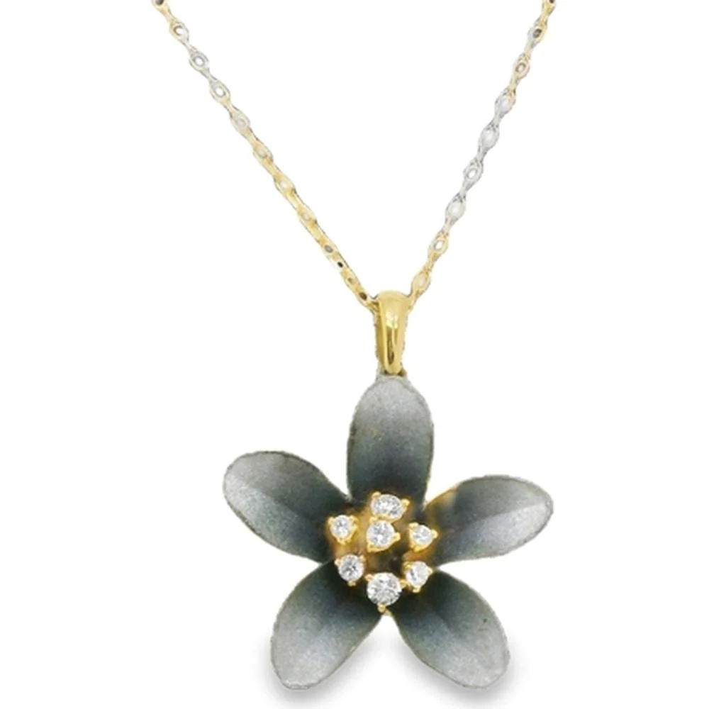 18K Yellow and White Gold Flower Pendant Necklace with Round Diamonds by Afarin