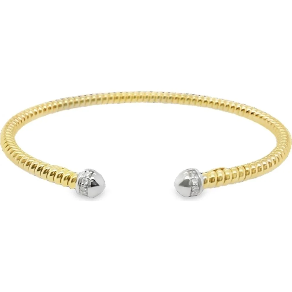 18K Yellow and White Gold Open Bangle Bracelet with Diamond Accent End Caps by Afarin