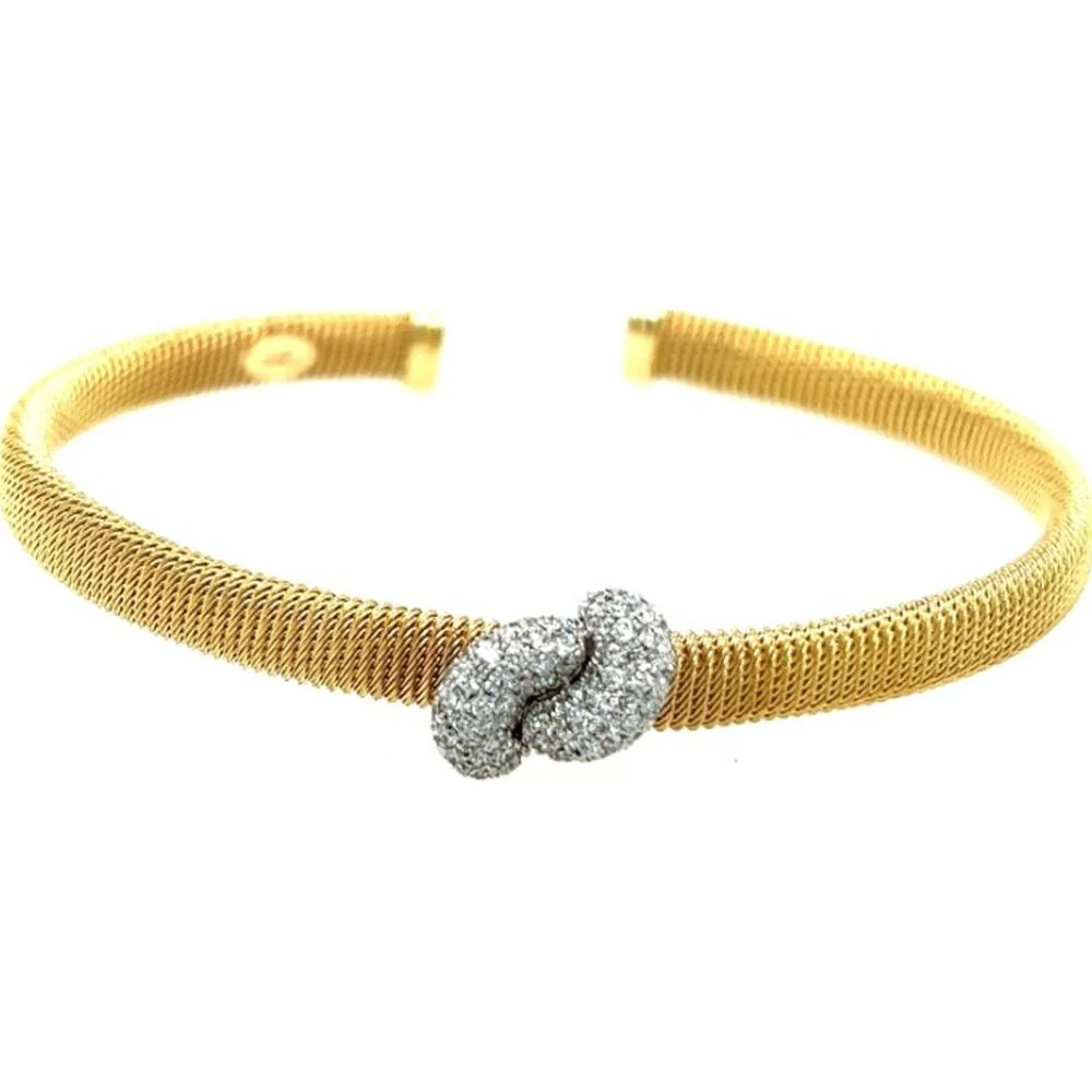 18K Yellow and White Gold Open Bangle Bracelet with Diamond Interlocking Center by Afarin