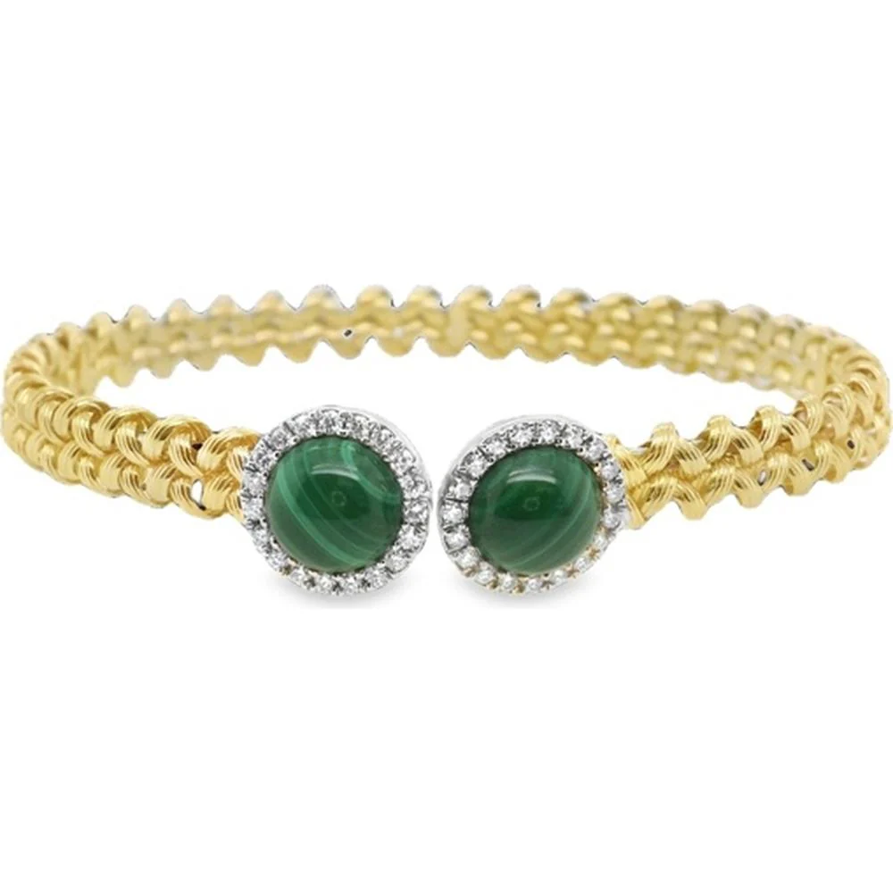 18K Yellow and White Gold Open Bangle Bracelet with Round Malachite and Diamond Halo Ends by Afarin