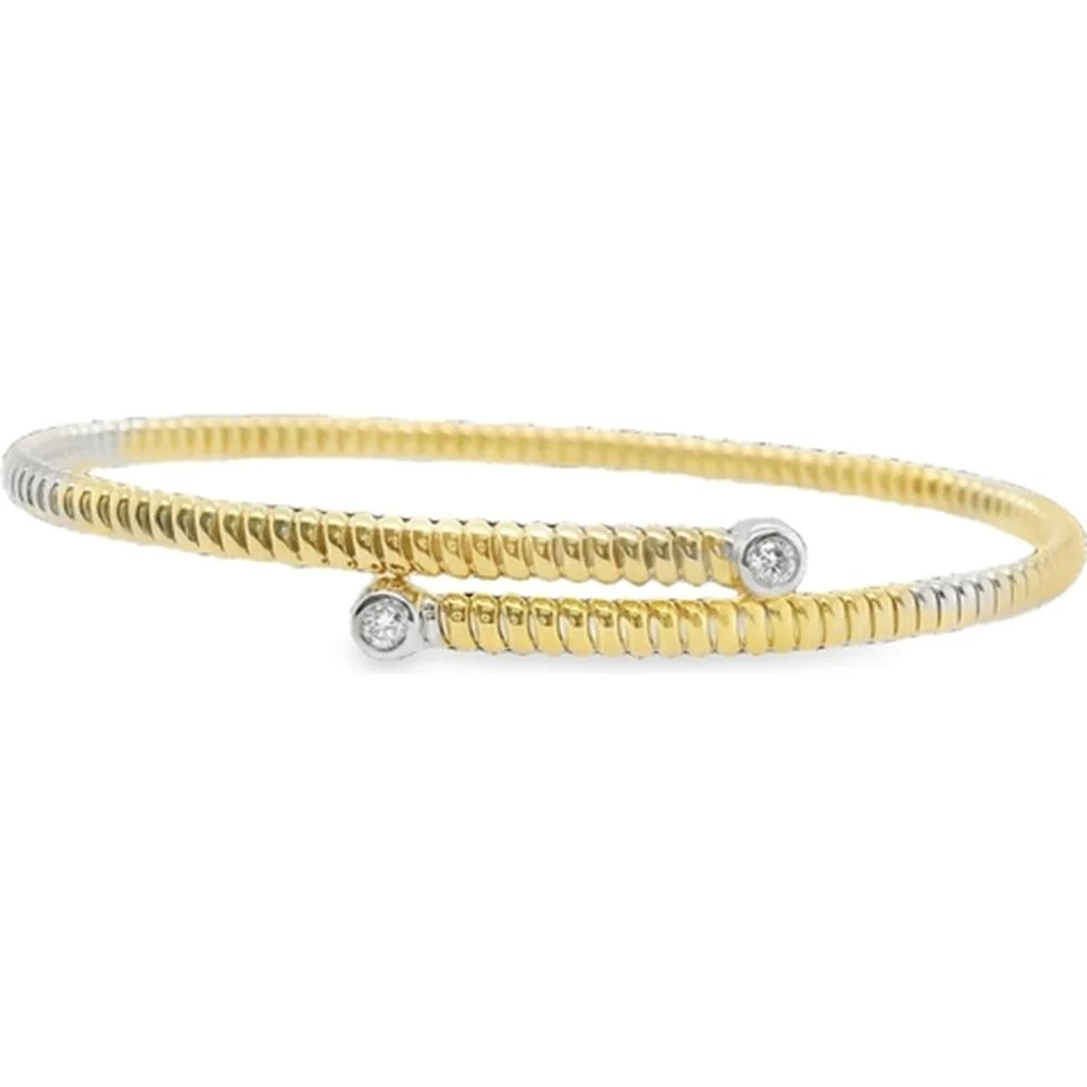 18K Yellow and White Gold Open Bangle with Bezel-Set Round Diamonds by Afarin