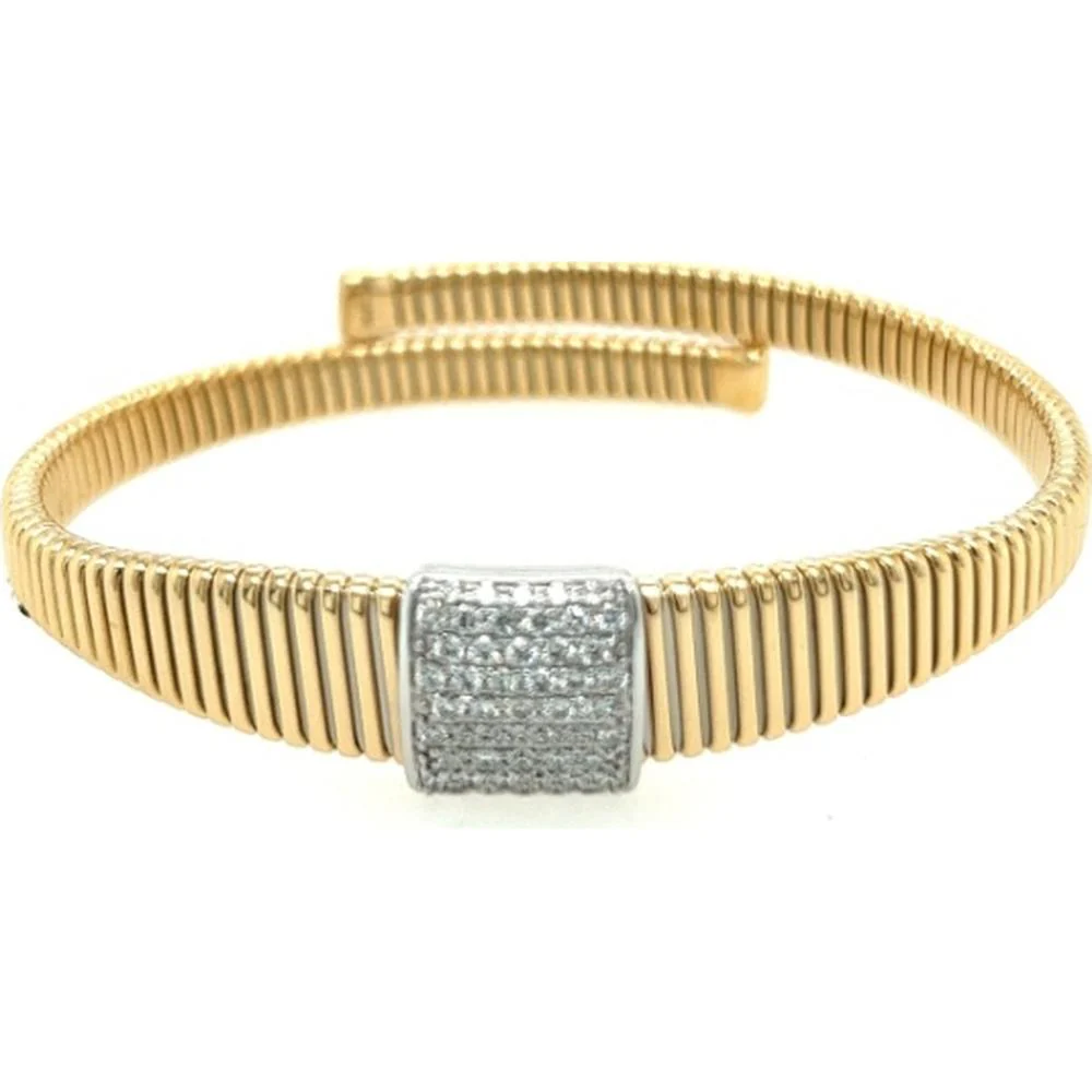 18K Yellow and White Gold Open Bangle with Diamond Pavé Center by Afarin