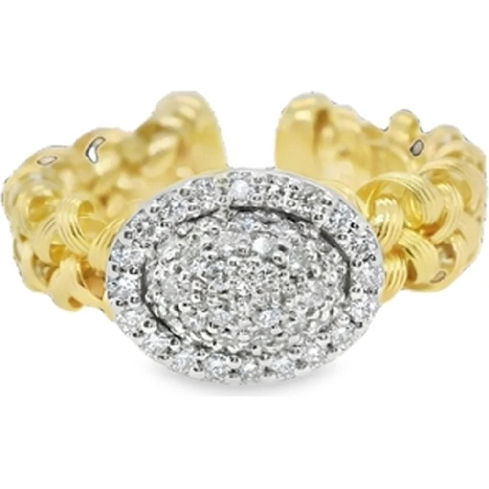 18K Yellow and White Gold Oval Halo Diamond Ring with Textured Band by Afarin